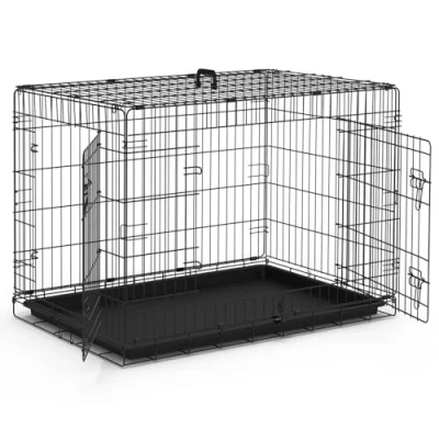 Imagen de VOUNOT Jaula para Perros de Alambre Metálico 2 Puertas, Caja Perrera Plegable con Bandeja Plástico Extraíble y Asa Transporte, 92x58x64cm, Negro