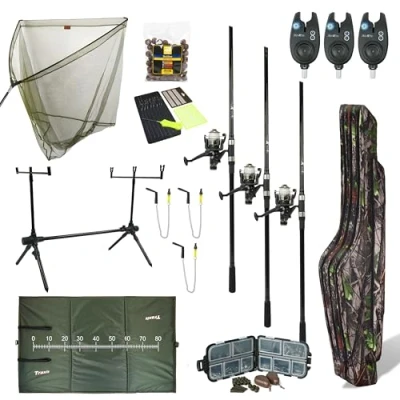 Imagen de FISH XPRO Juego de carpas Mega 3 Cañas pescar, Molinos, Detectores remolacha, Swingers, Rodpod, Foudraal y Más! Asequible completo! carpa pesca la nunca ha