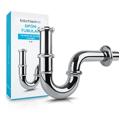 Imagen de Bächlein Sifón Tubular Cromado para Lavabos y Lavamanos Set de Desagüe Trampa con Instrucciones Instalación Tubo Desagüe, Tubería Universal