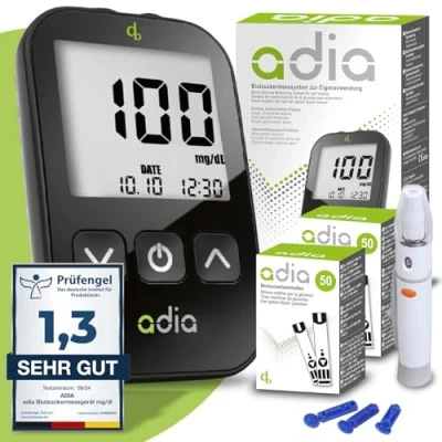 Imagen de Juego de glucómetro adia (mg/dl) que incluye 110 tiras reactivas glucosa en sangre, dispositivo punción, 10 lancetas, diario y bolsa