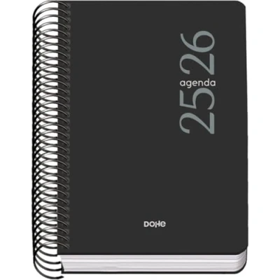 Imagen de Dohe Agenda Escolar 2025 2026 Día Página, Tamaño A6 (12x17 cm), Español e Inglés, Septiembre a Junio, Cierre de Espiral, Tapa Flexible ESENCIAL Negro