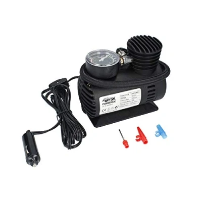 Imagen de Ferrestock FSKCOM001 Mini compresor de aire con 12V, 250PSI, 20.7 bares, 35L descarga por minuto y 4 adaptadores para neumáticos bicicleta, balones colchonetas
