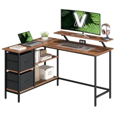 Imagen de VASAGLE Escritorio en Forma de L con 2 Amplios Cajones, para Juegos Soporte Monitor, Esquina, Estante Almacenaje Ajustable, Oficina Casa, Marrón Rústico LWD098B01