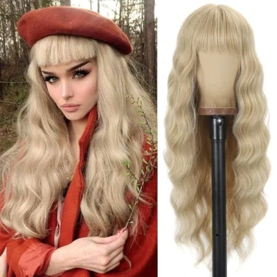 Imagen de Pelucas rubia larga mujer con flequillo pelo natural largo ondulada, YEESHEDO peluca de rubio suelto y rizada, wavy blonde wig para mujeres niñas 28 &quot;
