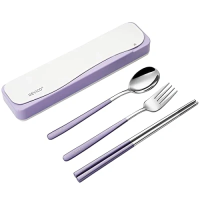Imagen de DEVICO Utensilios de viaje, portátil 18/8 acero inoxidable cubiertos juego cubiertos, incluye tenedor cuchara palillos con funda (púrpura)