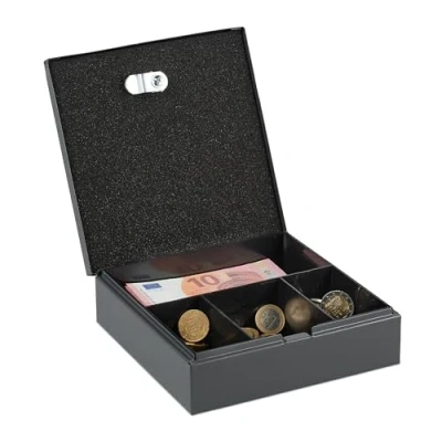 Imagen de Relaxdays Caja de Dinero con Llaves, Bandeja Extraíble, 4 Espacios, Cambio y Billetes, 6 x 17 17,5 cm, Hierro, Gris