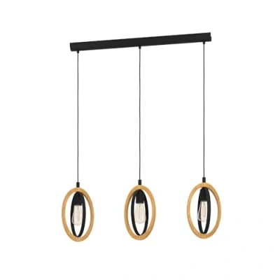Imagen de Eglo lámpara colgante Basildon, 3 luces, vintage, industrial, retro, acero y madera en negro, natural, de mesa comedor, salón con casquillo E27, L 78 cm