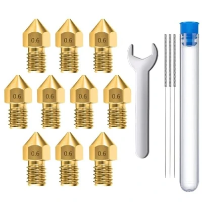 Imagen de MMOBIEL 10 Piezas 0,6 mm Latón MK8 Impresora 3D Boquillas Extrusión Compatible con Creality Ender Serie 3, 5, CR 10/10S, Macurbot, Incl. 3 agujas de limpieza llave