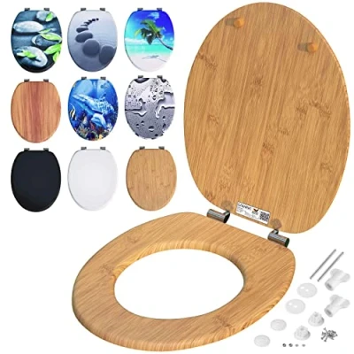Imagen de CASARIA® Asiento Inodoro Tapa WC Estándar Cierre Suave Automático Antibacteriano MDF Bisagras Inox. Bambú