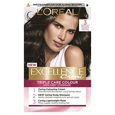 Imagen de L&#039;Oréal Paris Excellence Crème Tinte permanente para el cabello, color radiante en casa, con cobertura de hasta 100% canas, proqueratina, 8 semanas color, color: 3 marrón oscuro natural
