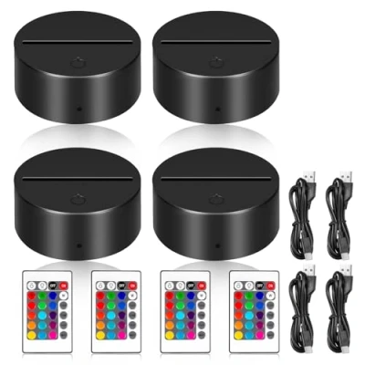 Imagen de BORDEAG base de lámpara noche LED 3D, 4 unidades 3D luz nocturna con mando a distancia cable USB, 16 colores, para