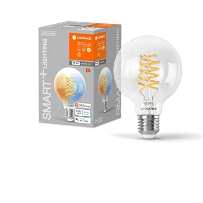 Imagen de LEDVANCE SMART+ WIFI LED Lampe, Weißglas, 8W, 806lm, Kugel Form mit 80mm Durchmesser &amp; E27 Sockel, regulierbares Weißlicht (2700 6500K), dimmbar, App oder Sprachsteuerung, 15.000 Stunden Lebensdauer