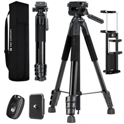 Imagen de K&amp;F Concept Trípode Ligero Portátil 172cm S254A3+BV01 Tripode para Movil de Tubo Perfilado 5 Lados DSLR, Cámara Réflex Digital, Teléfono Móvil, etc., con Clip Móvil