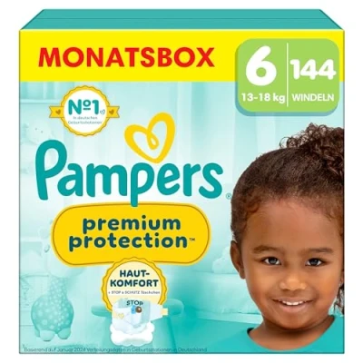 Imagen de Pampers Pañales para bebé tamaño 6 (13 kg) Premium Protection, extra grande, caja mensual, mejor comodidad y protección pieles sensibles, 144 unidades
