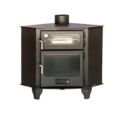 Imagen de JOIMA Estufa de Leña con Horno Rinconera Modelo AZUER RINCON 8 kW. Incluye Bandeja en Acero Inoxidable para Asados.