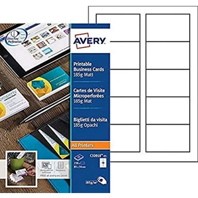 Imagen de Avery C32010 25 Paquete de 250 tarjetas visita (85 x 54 mm), color blanco