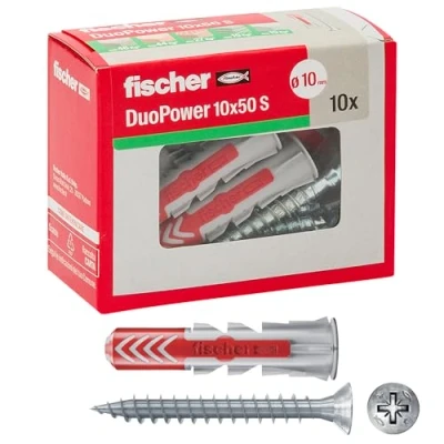 Imagen de fischer 544018 10 Tacos Duopower con Tornillo, x 50 mm, para Pared Completa, ladrillo Perforado, Placas de Yeso, Gris, Set Piezas