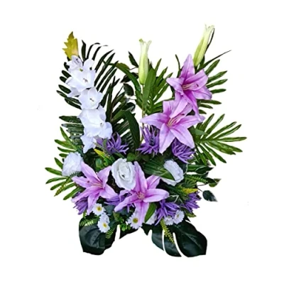 Imagen de DRW Centro de Flores Artificiales Cementerio, Santos, Aniversarios pie Morado Malva y Blanco (Centro 70x70x30 cm)