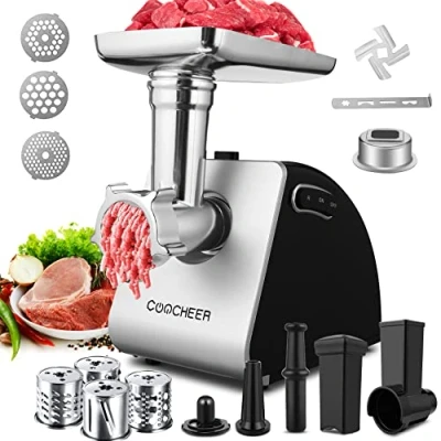 Imagen de COOCHEER Picadora de Carne Eléctrica 2000W, Máquina para hacer Salchichas y Robot Cocina 2 en 1, con 3 discos agujeros, 4 cuchillas cónicas un relleno galletas