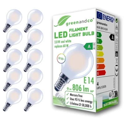 Imagen de greenandco 10x bombilla de filamento LED esmerilado E14 G45 3,8W 806lm sustituye A 60W 2700K blanco cálido 320 230V sin parpadeo clase energética no regulable