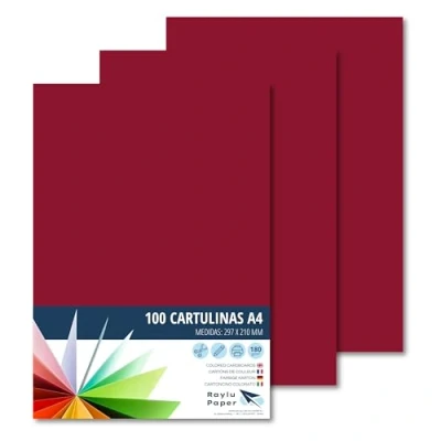 Imagen de Raylu Paper® Cartulinas A4 100 unidades de color granate, 180gr 210 x 297 mm, Ideal para encuadernación, trabajos oficina, dibujo, manualidades. aptas uso escolar. (Granate)