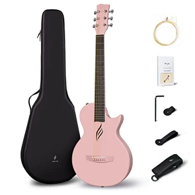 Imagen de Enya Nova Go Guitarra Acústica Rosa 35&quot; Fibra de Carbono Corte Bajo Con Funda Correa para Cuerdas y Paño Limpieza Niñaos Adultos Principiantes Viajes Escolares en Casa