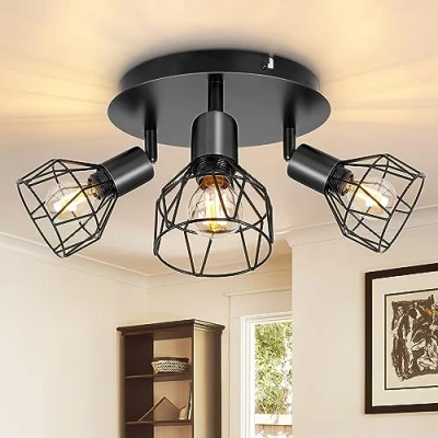 Imagen de Dehobo Lámpara de Techo Ajustables y Giratorios con 3 Focos E14 LED, Lampara Foco Retro para Interiores Dormitorio Cocina, Sin Bombilla E14, Max. 40W (cada bombilla)