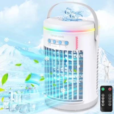 Imagen de Aire Acondicionado Portatil, Mini Portatil Silencioso, 5 en 1 Climatizador Evaporativo, Enfriador de Aire, 3 Velocidades, 2 Modos Pulverización, LED 7 Colores, 1400ml