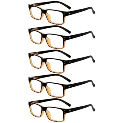 Imagen de Eyekepper Pack de 5 Gafas Lectura para Hombre y Mujer Retro Plástico Bisagras Resorte, Negro/Amarillo +0.50