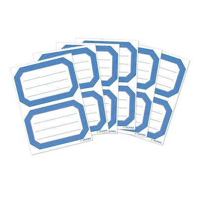 Imagen de HERMA 5714, etiquetas escolares autoadhesiva, Blanco/Azul, Pack de 12 para cuadernos, 6 hojas, 82x55 mm,
