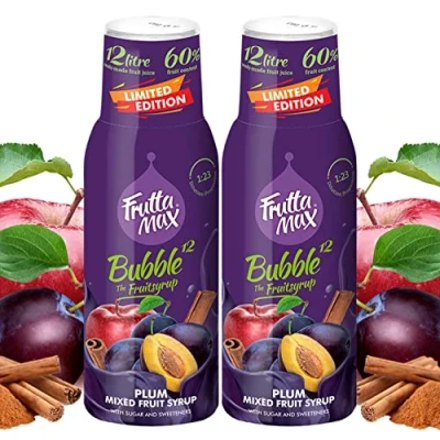Imagen de 2 paquetes FruttaMax Concentrado de jarabe frutas Menos azúcar con un 60% contenido fruta adecuado para máquina refrescos (2 x 500 ml) Ciruela Canela Manzana)
