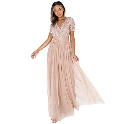 Imagen de Maya Deluxe Vestido Mujer, Dama de Honor, Cuello En V, Manga Corta, Largo, Elegante, Cintura Imperio, Rubor Taupe, 52