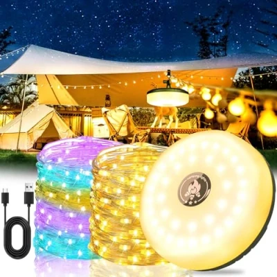 Imagen de Vautvis Cadena De luces, Luz Campamento Enrollable, 10m Luces Camping Con 8 Modos, Guirnalda, Recargable USB, Impermeable Ipx4, Lampara Para