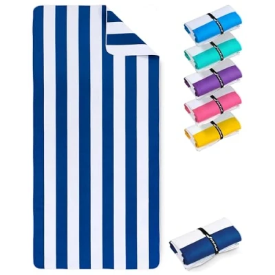 Imagen de Fit Flip Toallas de Playa XXL Toalla Microfibra Grande, Ligera y Secado rápido toallaplaya 100% reciclada a Rayas Azul Marino Blanco 200 cm x 90