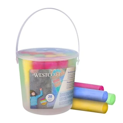 Imagen de Westcott tiza de carretera 20 tizas colores para niños en un práctico cubo transporte fáciles lavar aptas asfalto, pizarra o piedra E 744981 00