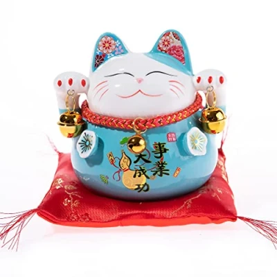 Imagen de Lachineuse Gato Maneki Neko Hucha Japonesa Tradiciones asiáticas Colorido Azul Porcelana Idea Decorativa y Regalo de Japón Asia Fortuna, protección, Suerte Felicidad