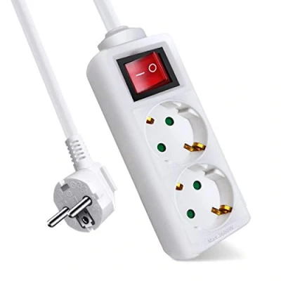 Imagen de EXTRASTAR Regleta Alargador con 2 Enchufes e Interruptor, Cable 3M, para el hogar, Oficina y Viajes, 16A, 250V, 3680W, Blanco