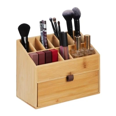 Imagen de Relaxdays Organizador Cosméticos, Caja Almacenamiento Maquillaje con Cajón, Bambú, 19 x 25,5 12,5 cm, Natural, Poliéster