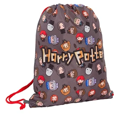 Imagen de Harry Potter Chibi Bolsa con cordón para niños, kit de polietileno, gimnasio, entrenamiento mochila escolar, Gris/Rojo, Talla única,