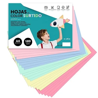 Imagen de Cartulina de Colores, A4 Colores Surtidos Pastel, Folios 180gr para Manualidades, Imprimir Documentos y Diseños Creativos, · m office (x250 Surtido Pastel)