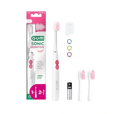 Imagen de GUM Sonic Sensitive Cepillo de dientes eléctrico con pilas Altamente portátil Proporciona una limpieza ultra suave y profunda X1 cepillo, X2 cabezales repuesto, batería AAA