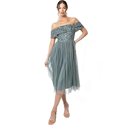 Imagen de Maya Deluxe Vestido Midi Adornado con Bardot Dama de Honor, Verde neblina, 36 EU para Mujer