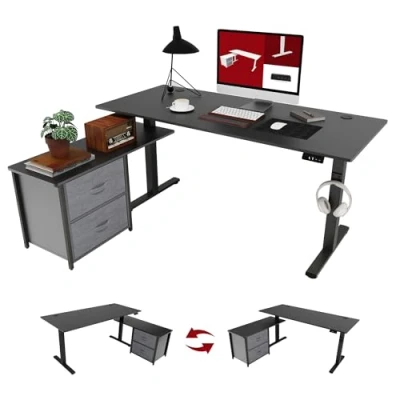 Imagen de SANODESK Escritorio Elevable de Altura Regulable Pie Mesa Eléctrico en Forma L con Cajón Amovible y Espacio Almacenamiento, Botones Inteligentes 160 x 70 cm Negro