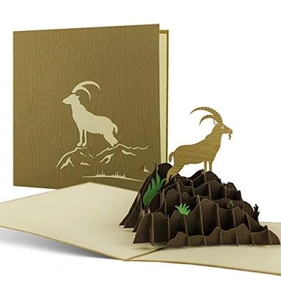 Imagen de Tarjeta cumpleaños pop up para amantes de la montaña. Felicitacion o cheque regalo con cabra montesa emergente, tarjetas emergentes 3d, H09