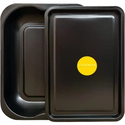 Imagen de juego de 2 bandejas negras para asar y hornear, tostador mediano (33 cm) bandeja pequeña (32 cm), antiadherente, horno multipaquete, apto