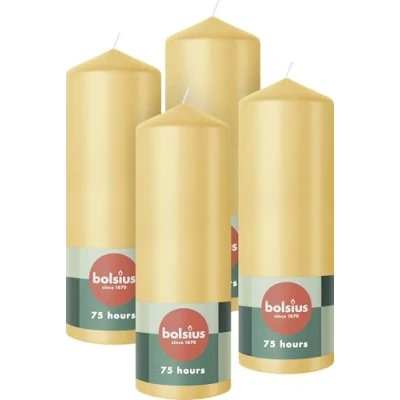 Imagen de Bolsius Pillar Candles Velas decorativas para el hogar (4 unidades, 20 x 7 cm, 75 horas de combustión, sin perfume, 5% cera vegana natural, aceite palma), color beige