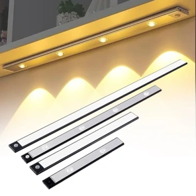 Imagen de luz LED con sensor de movimiento para gabinete, luces cocina debajo del armario, interiores, magnética, inalámbrica, USB, 3 colores, temperatura, atenuación