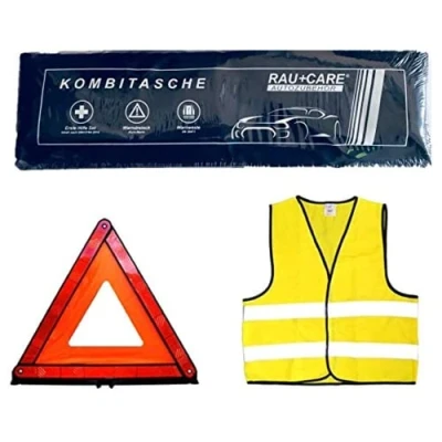 Imagen de kit de primeros auxilios 3 en 1 para coche Trio con chaleco reflectante triángulo advertencia