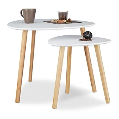 Imagen de Relaxdays Set of 2 Nesting Tables Juego auxiliares, Centro, mesas pequeñas Vintage, diseño nórdico, Decorativas, Blancas, Bambú, 60x60x48 cm, Unidades