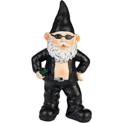 Imagen de BRUBAKER Gnomo de Jardín Guay Motero Negro Rockero con Gafas Sol y Chaqueta Calavera Decoración Resistente a la Intemperie para Camping 24 cm Altura
